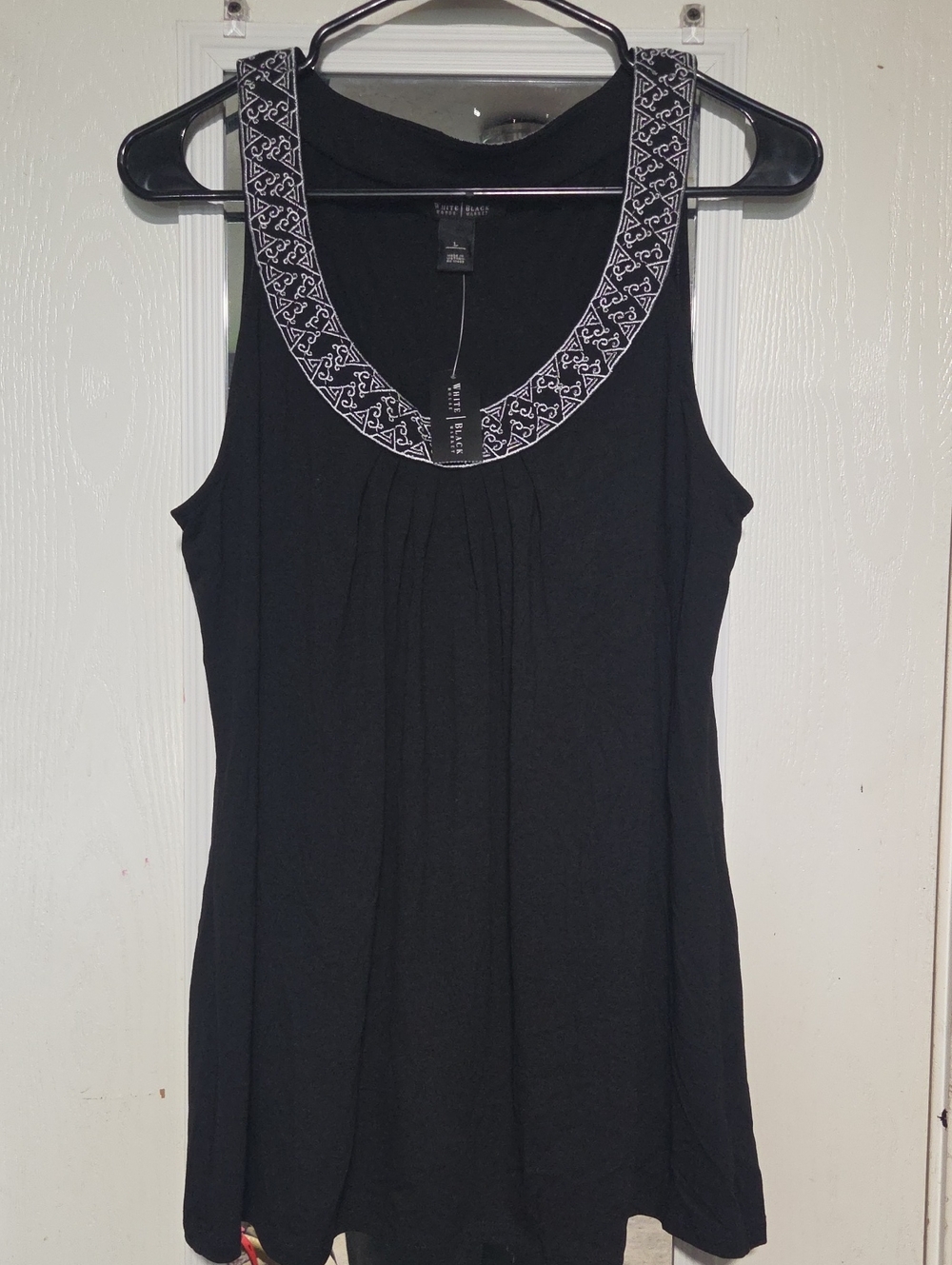 White House Black Market Black Tank with White Embroidered Scoop Neck